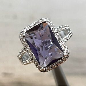 Beautiful Statement Radiant Cut Purple Amethyst Diamond CZ Silver Plated Ring